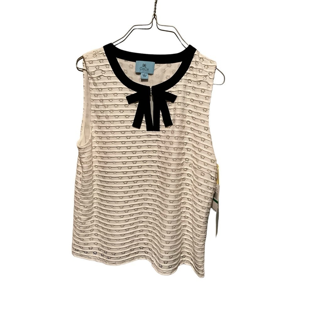 CeCe Tank Top Women SZ L Beige Ruffle Keyhole Neck Sleeveless Polyester Stretch